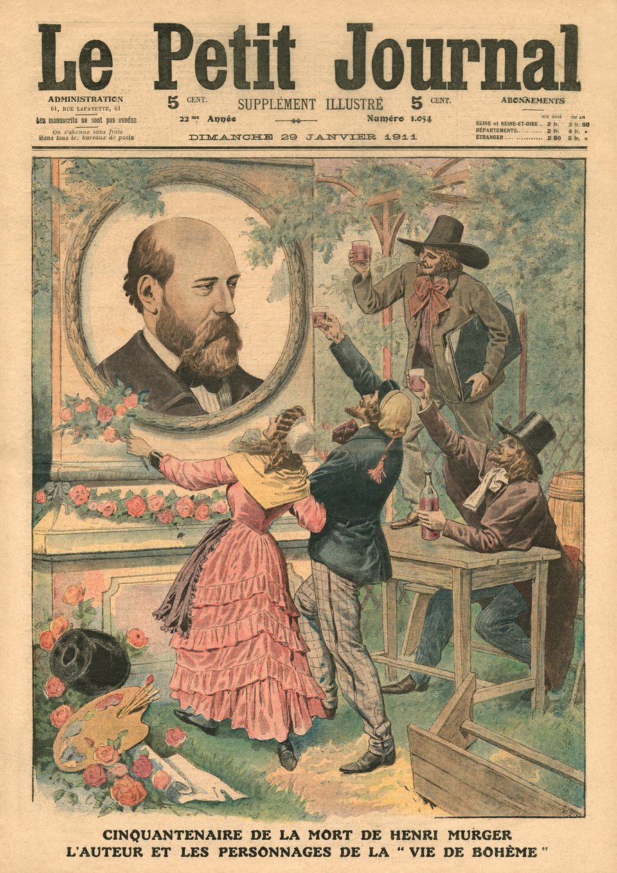 50 vuotta Henri Murgerin, "La Vie de Bohemen" kirjoittajan ja hahmojen kuolemasta, kuvitus "Le Petit Journalista", liitekuva, 29. tammikuuta 1911 tekijältä French School