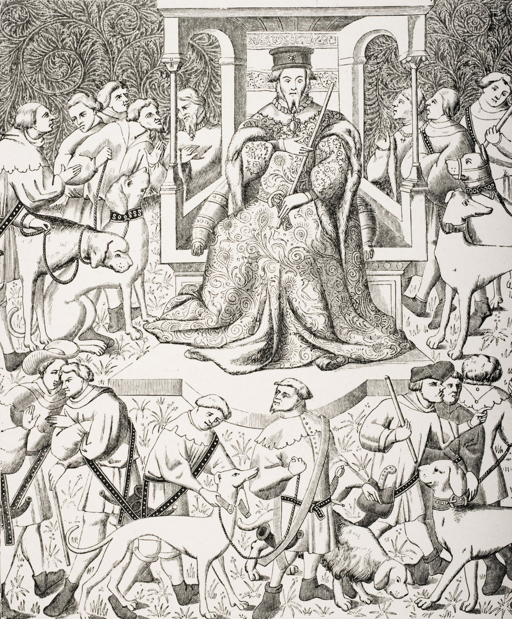 Gaston Phoebus (1331-1391) Opettamassa Veneryn tai Metsästyksen taidetta 1400-luvun pienoismallin jälkeen, jossa Phoebus ja hänen henkilökuntansa metsästävät villieläimiä ja petolintuja, teoksesta "Le Moyen Age et La Renaissance" tekijältä French School