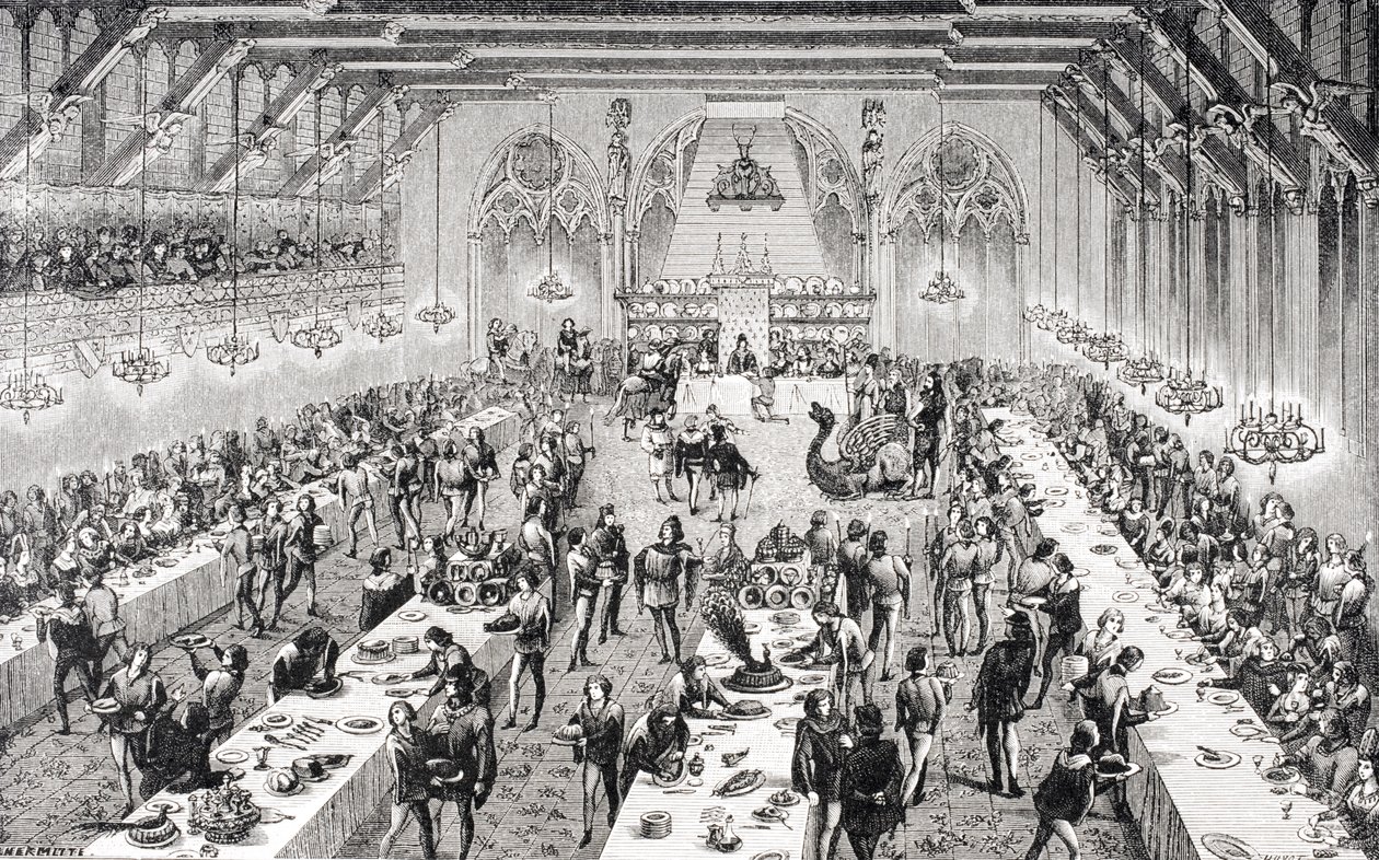Suuri seremoniallinen juhlatilaisuus ranskalaisessa hovissa 1300-luvulla, 1800-luvun kaiverruksesta M. Viollet-Leducin sanaan "Dictionnaire du Mobilier Francais", Paun teoksesta "Le Moyen Age et La Renaissance" tekijältä French School