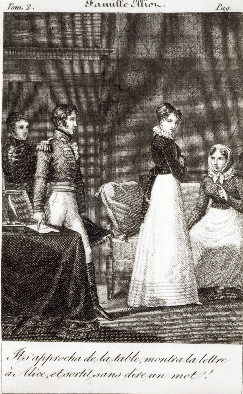 "Hän tuli pöytään, näytti kirjeen Alicelle ja lähti sanaakaan sanomatta!", kuvitus "La Famille Elliotista", Jane Austenin (1775-1817) käännöksestä "Persuasion" (bw tekijältä French School