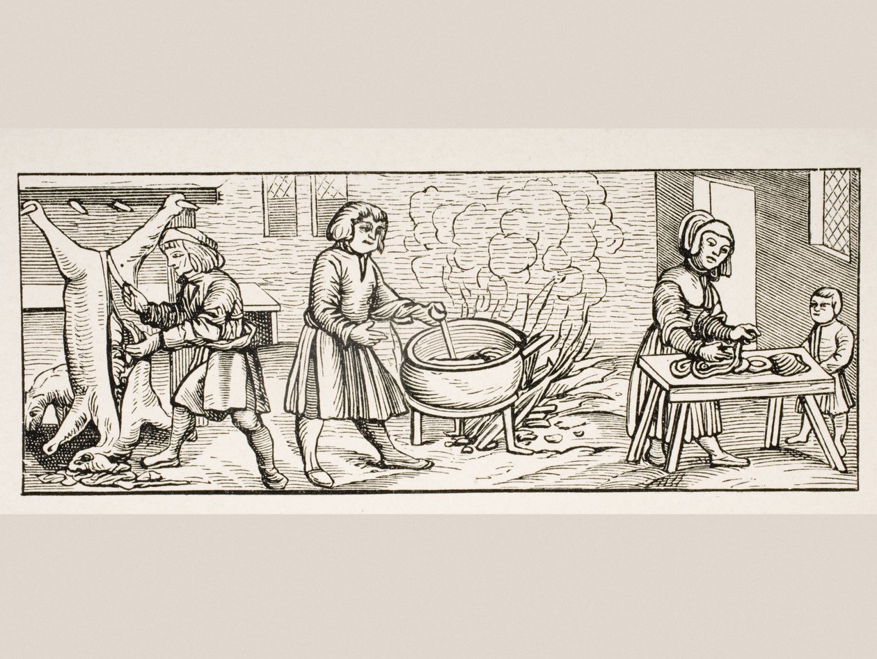 Keittiön sisustus Jean Staefflerin Calendarium Romanumissa tehdyn puupiirroksen mukaan, painettu Tubingenissa, Saksassa, 1518, Paul Lacroixin (1806-84) teoksesta Le Moyen Age et La Renaissance, julkaistu 1847 (litt. tekijältä French School