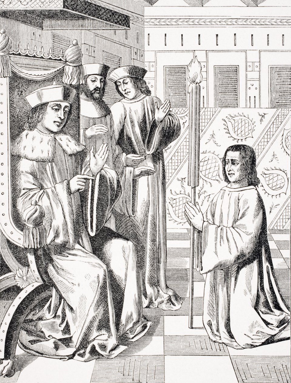 Jacques Coeur (n. 1395-1456) kunnioittaa Kaarle VII:tä (1403-1466), kopiota 1400-luvun pienoismallista "Monstreletin kronit" Paul Lacroix