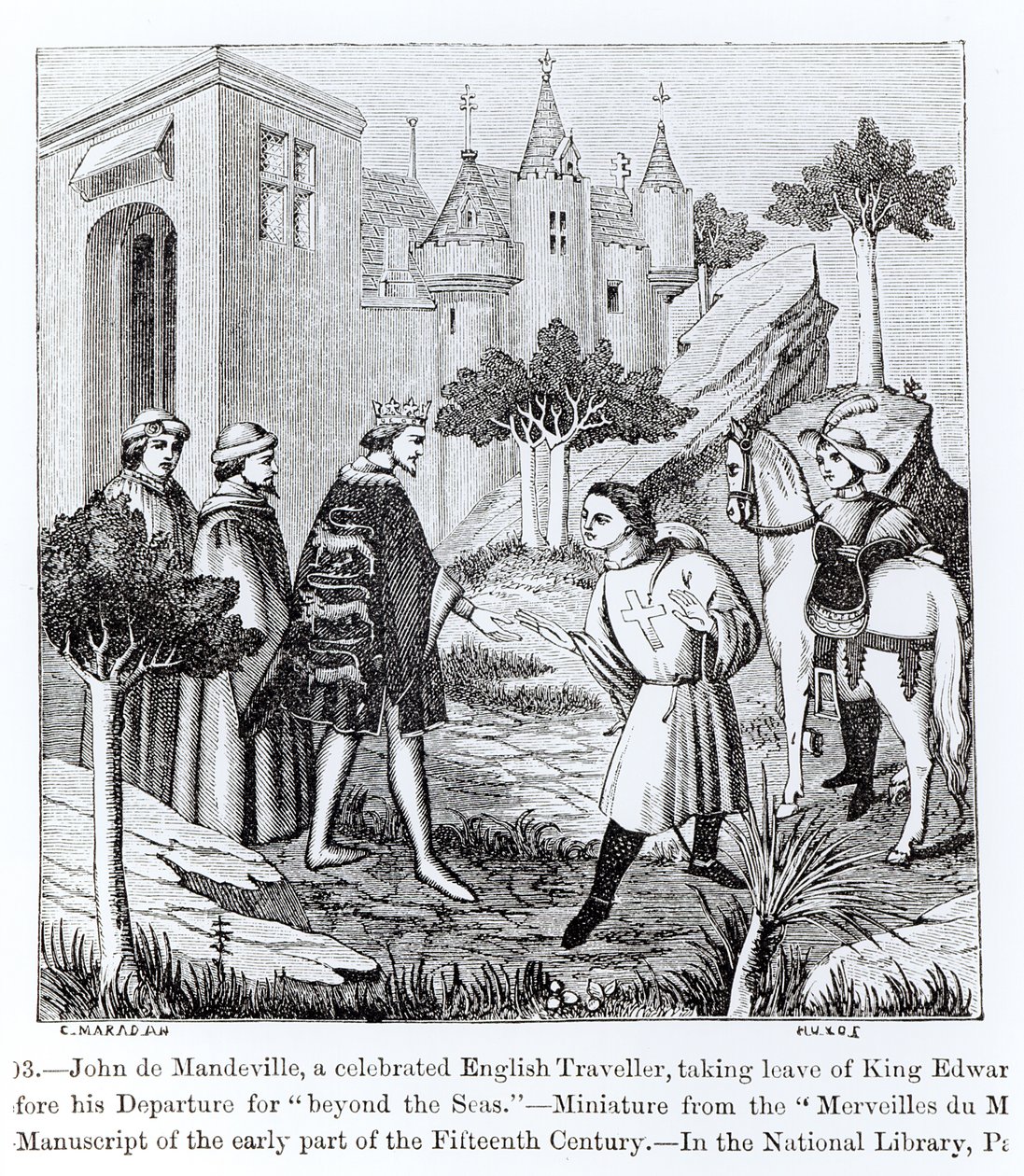 John de Mandeville jättämässä lomaa kuningas Edward III:lta (1312-77) ennen hänen lähtöään, Merveilles du Mondesta, kuvitus artikkelista Tiede ja kirjallisuus keskiajalla ja renessanssilla, kirjoitettu tekijältä French School