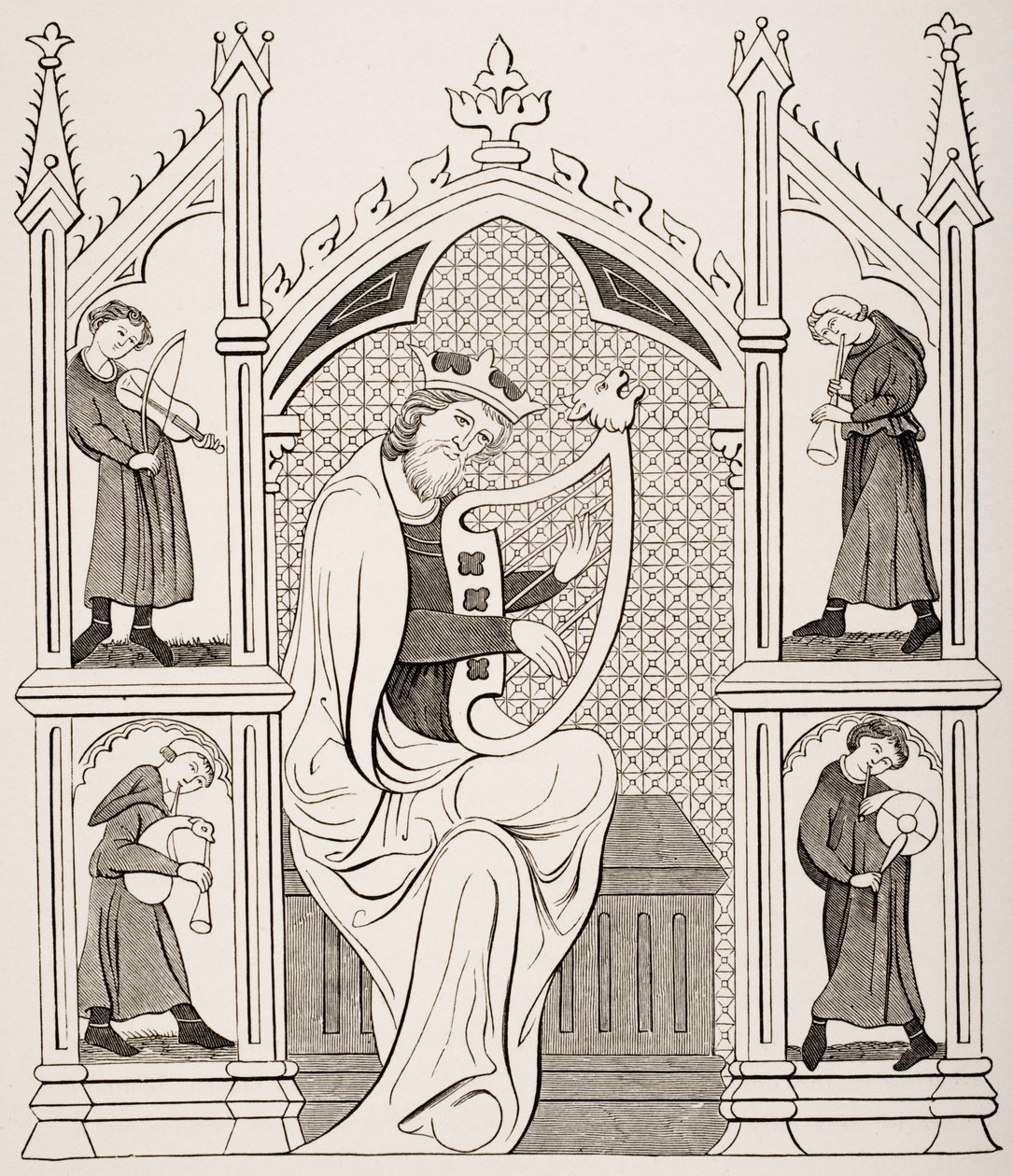 Kuningas David soittaa lyyraa neljän muusikon ympäröimänä, käsikirjoitetun psalterin pienoismallin jälkeen Paul Lacroixin (1806-84) teoksesta Le Moyen Age et La Renaissance, julkaistu 1847 tekijältä French School