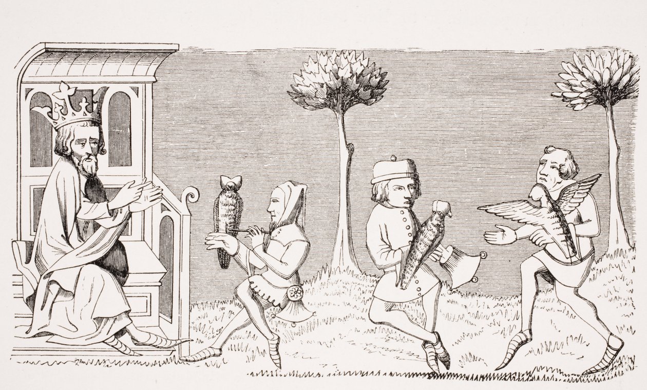 Kuningas Modus opettaa haukkametsästystä, jäljennös miniatyyrin 1300-luvun käsikirjoituksesta "Livre de Roy du Modus", jonka on kirjoittanut Henri de Ferrieres, Paul Lacroix