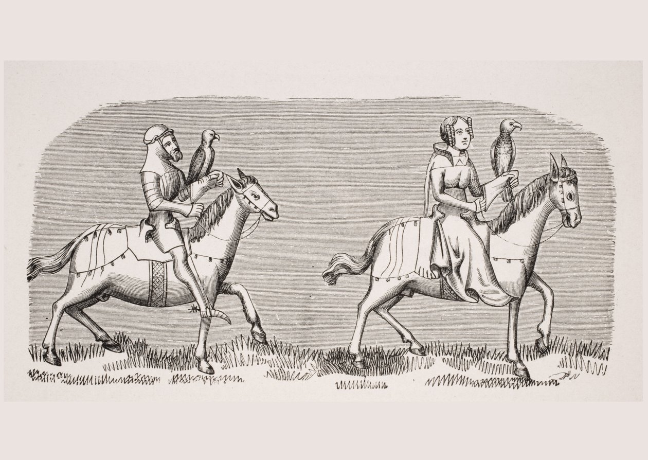 Nainen lähdössä haukkumaan, jäljennös pienoiskuvasta, joka sisältyy Henri de Ferrieresin 1300-luvun käsikirjoitukseen "Livre de Roy du Modus", Paul Lacroix