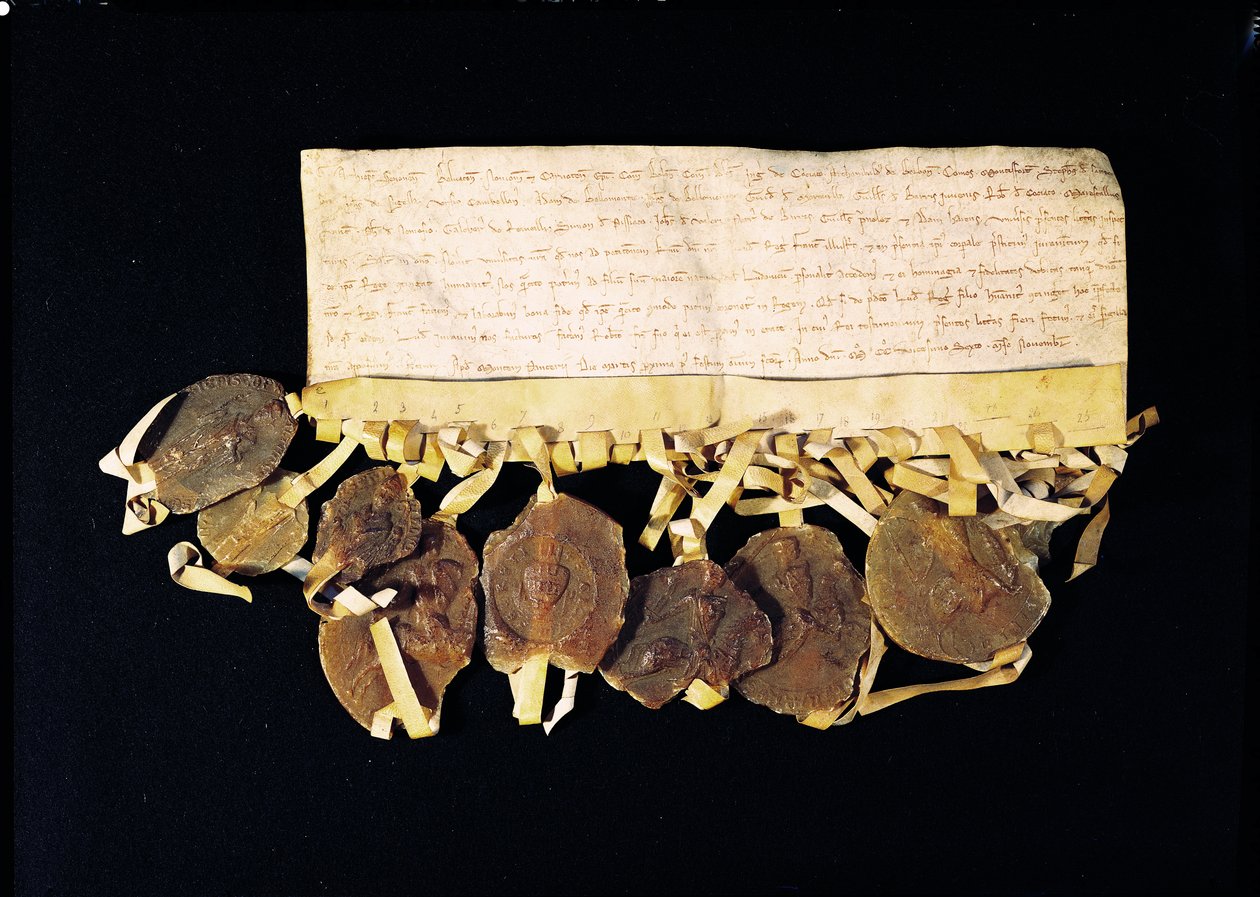 Kuninkaan prelaattien ja paronien kirje, jossa luvataan Louis VIII:lle (1187-1226), että he tunnustavat hänen poikansa Ludvig Ranskan kuninkaaksi tämän kuoleman jälkeen, 3. marraskuuta 1226. tekijältä French School