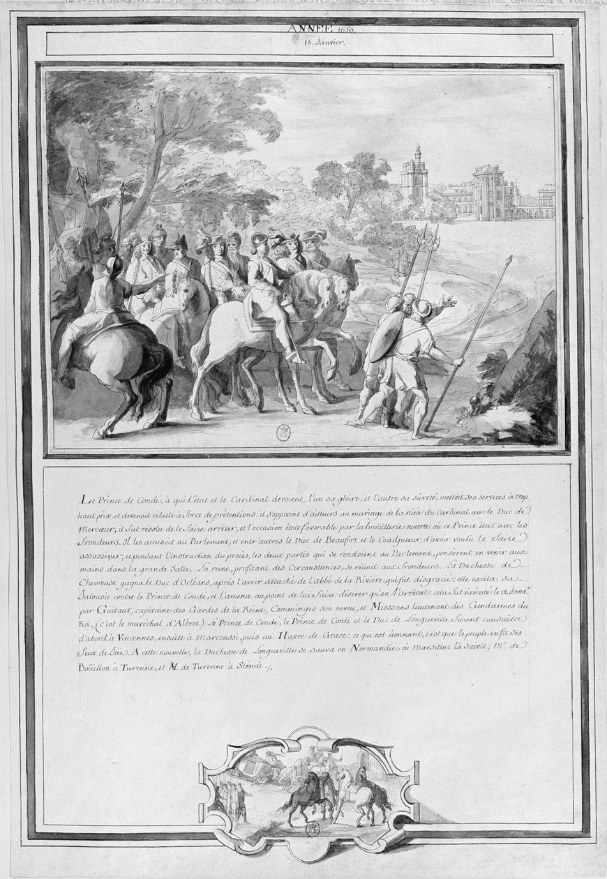 Louis II de Bourbon (1621-86) Conden prinssi veljensä Armand de Bourbonin (1629-66) Contin prinssin ja Henri II de Longuevillen (1595-1663) Estoutevillen herttuan kanssa ratsastamassa Vincennesiin, 18. tammikuuta tekijältä French School