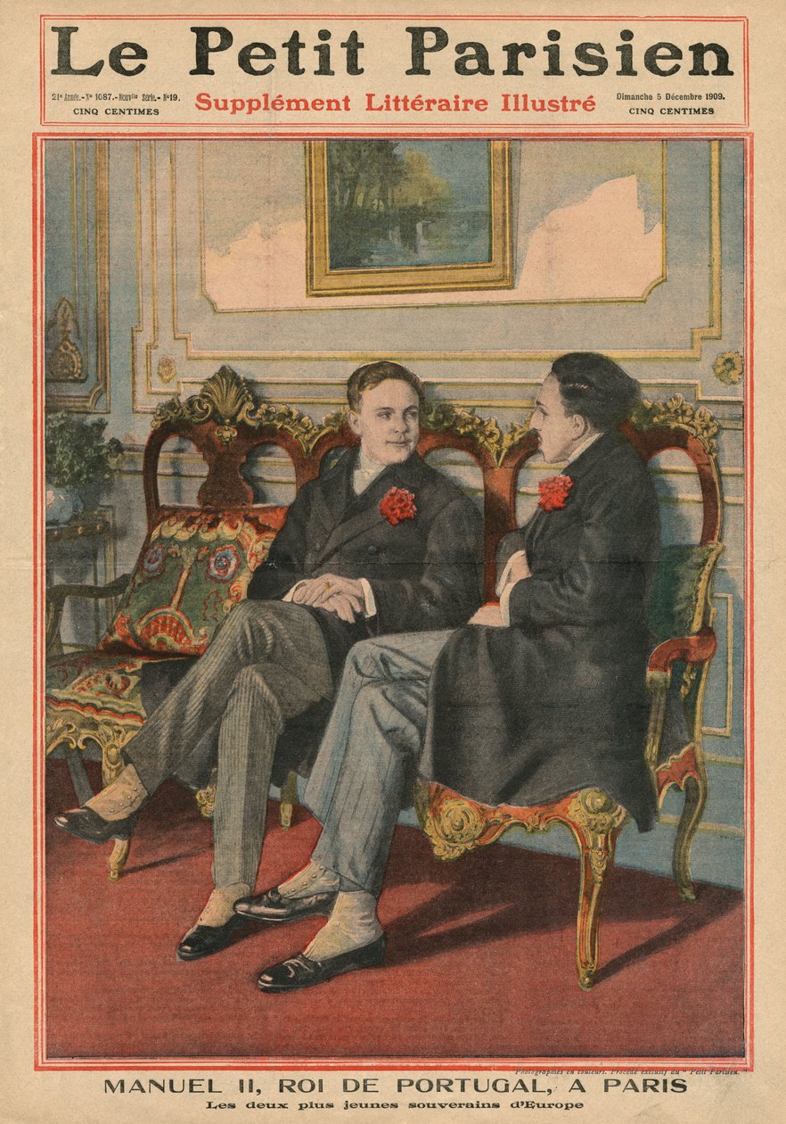 Manuel II, Portugalin kuningas, Pariisissa Espanjan kuninkaan Alfonso XIII:n, Euroopan kahden nuorimman hallitsijan, kanssa, etukannen kuvitus Le Petit Parisienista, supplemnet litteraire illustre, 5. de tekijältä French School