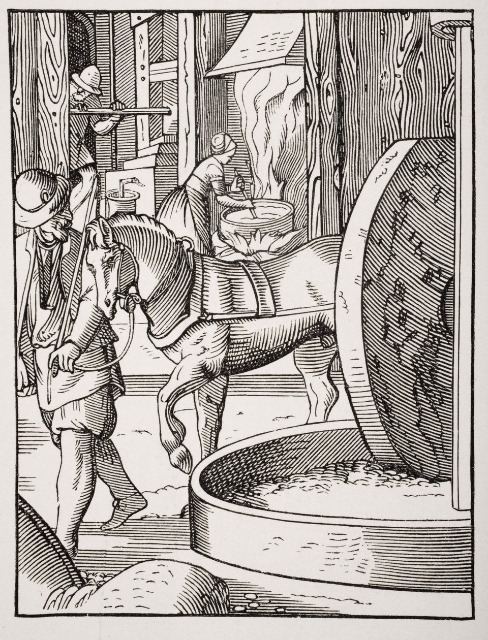 Öljyn valmistus Jost Ammanin (1539-91) piirtämän ja kaivertaman 1500-luvun kuvituksen jälkeen Paul Lacroix