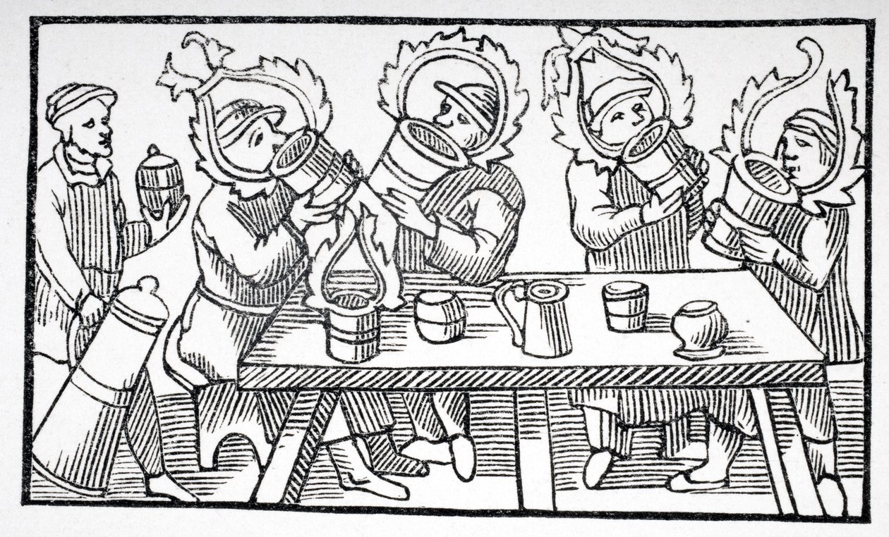 Miehet juovat, kuvitus Olaus Magnuksen (1490-1557) "Historia de Gentibus Septentrionalibus" -kirjasta, julkaistu Roomassa, 1555, Paul Lacroixin (1806-84) teoksesta "Le Moyen Age et La Renaissance" tekijältä French School