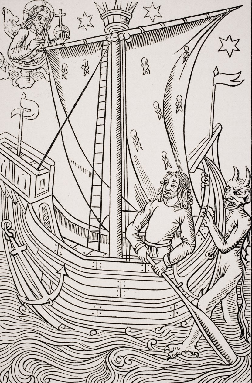 Kauppalaiva myrskyssä, faksimile puupiirroksesta Nicolas de Rougen teoksessa "Grand Kalendrier et Compost des Bergers", painettu noin vuonna 1490, Paul Lacroix