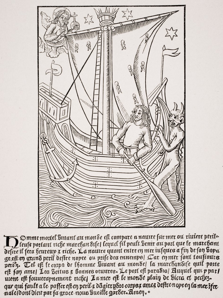 Kauppaalus myrskyssä, faksimile puupiirroksesta Nicolas de Rougen teoksessa "Grand Kalendrier et Compost des Bergers", painettu n. 1490, Paul Lacroixin (1806-84) pubista "Le Moyen Age et La Renaissance" tekijältä French School