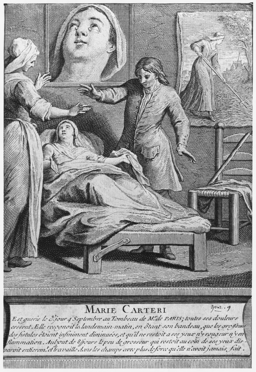 Sokean naisen, Marie Carterin, ihmeellinen paraneminen diakoni Francois de Parisin haudalla Saint-Medardin seurakunnan hautausmaalla Pariisissa, kaiverrus Pieter Yver (1712-87) 1737 tekijältä French School