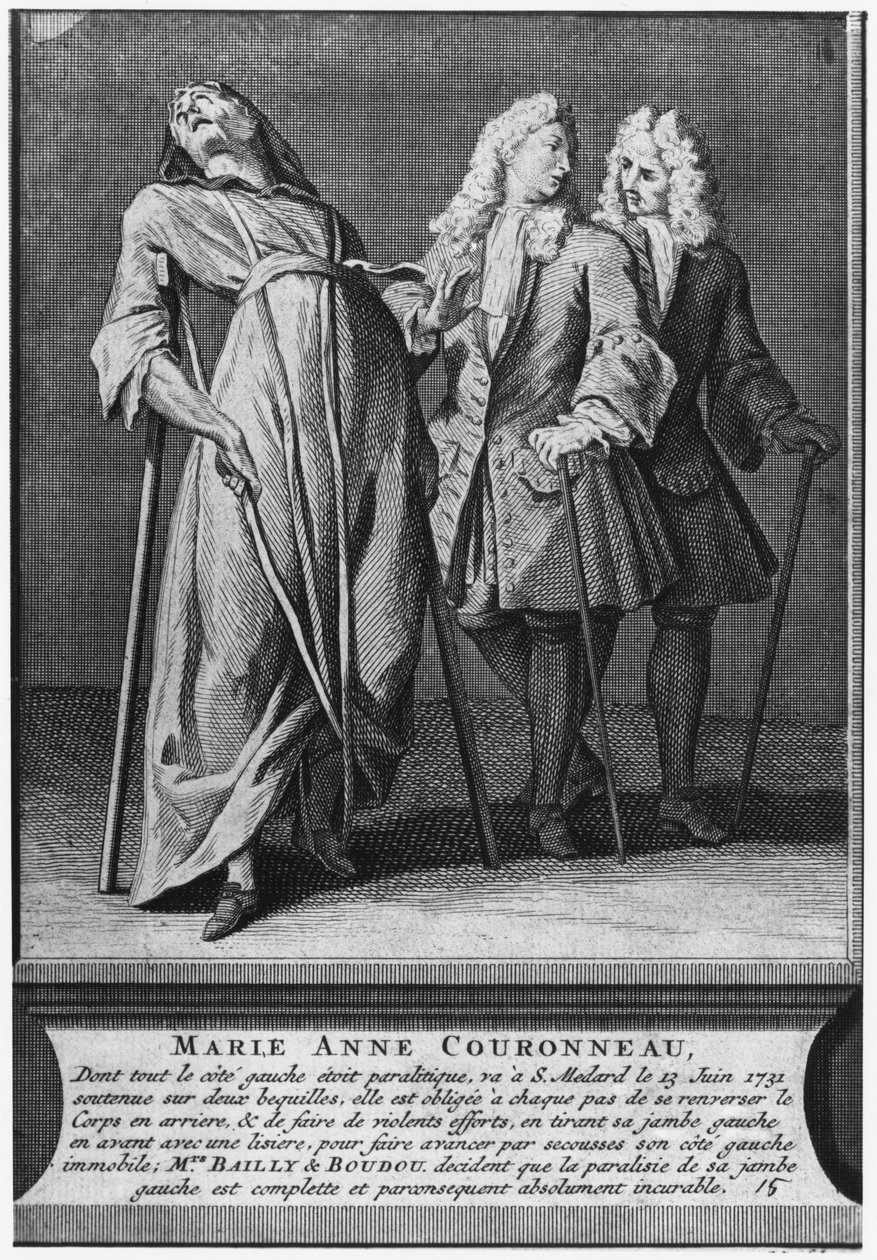 Halvaantuneen Marie-Anne Couronneaun ihmeellinen paraneminen diakoni Francois de Parisin haudalla Saint-Medardin seurakunnan hautausmaalla Pariisissa, 13. kesäkuuta 1731, kaiverrus Pieter Yver (1712-87) 1737 ( tekijältä French School