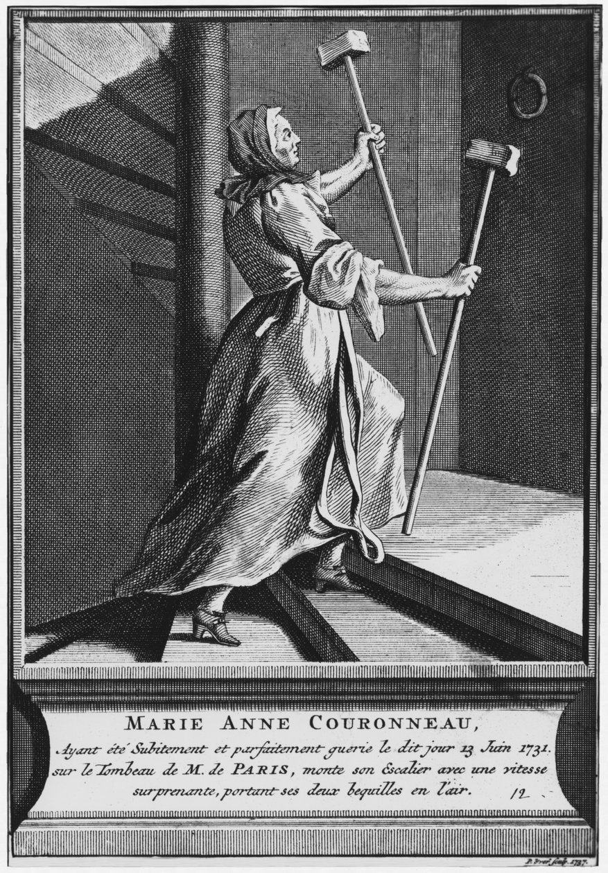 Halvaantuneen Marie-Anne Couronneaun ihmeellinen paraneminen diakoni Francois de Parisin haudalla Saint-Medardin seurakunnan hautausmaalla Pariisissa, 13. kesäkuuta 1731, kaiverrus Pieter Yver (1712-87) 1737 ( tekijältä French School