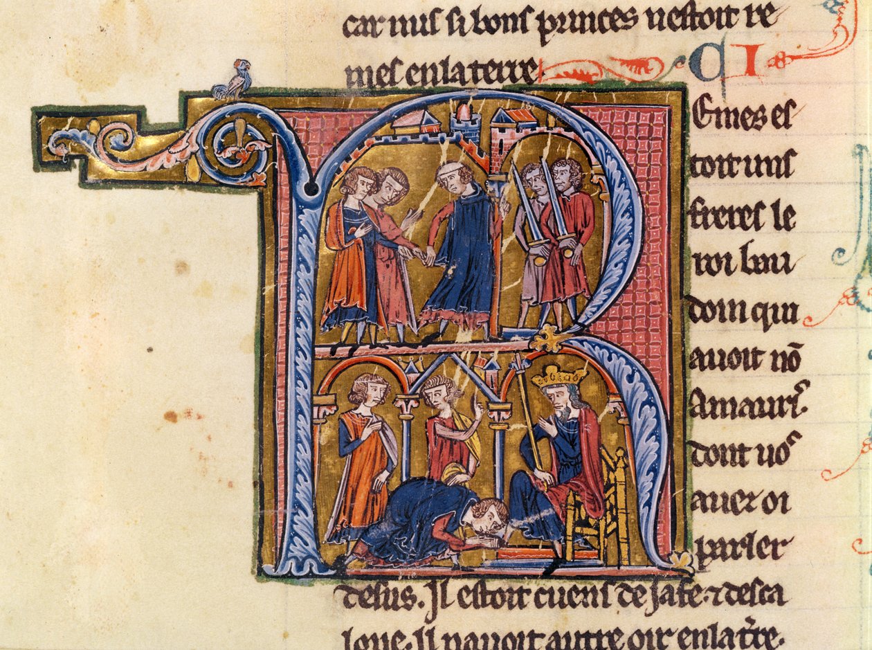 Ms Fr 9081 fol.245v Historioitu alkukirjain "R", joka kuvaa sulttaanin lähettämässä sanansaattajansa Egyptin kalifin luo ja sulttaania suutelemassa kalifin jalkoja, William of the Histoire de Jerusalem -kirjasta tekijältä French School