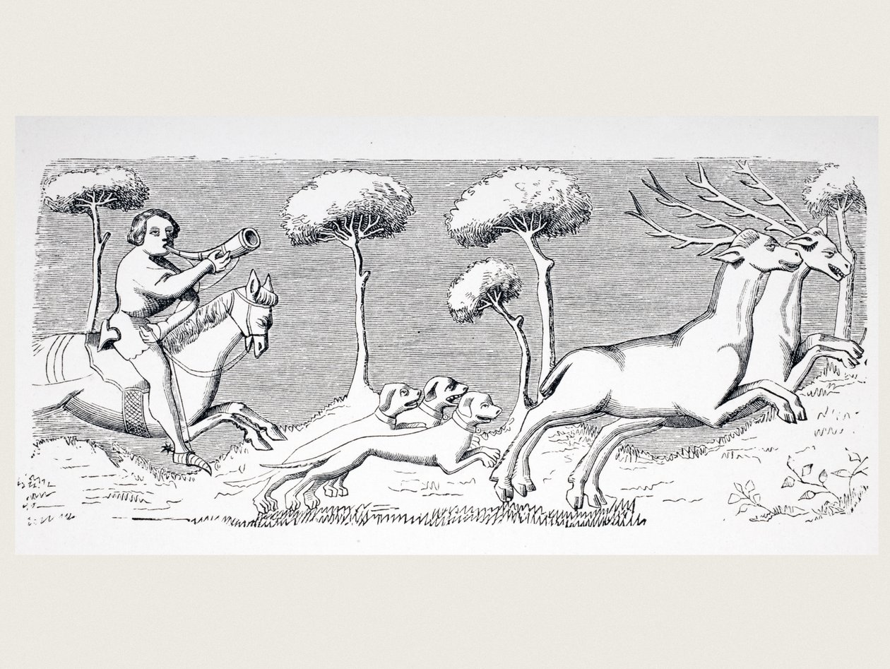 Peurojen luonne ja ulkonäkö ja kuinka niitä voidaan metsästää koirien kanssa 1400-luvun Phoebuksen käsikirjoituksen pienoismallin jälkeen Paul Lacroixin (1806-84) teoksesta "Le Moyen Age et La Renaissance" tekijältä French School