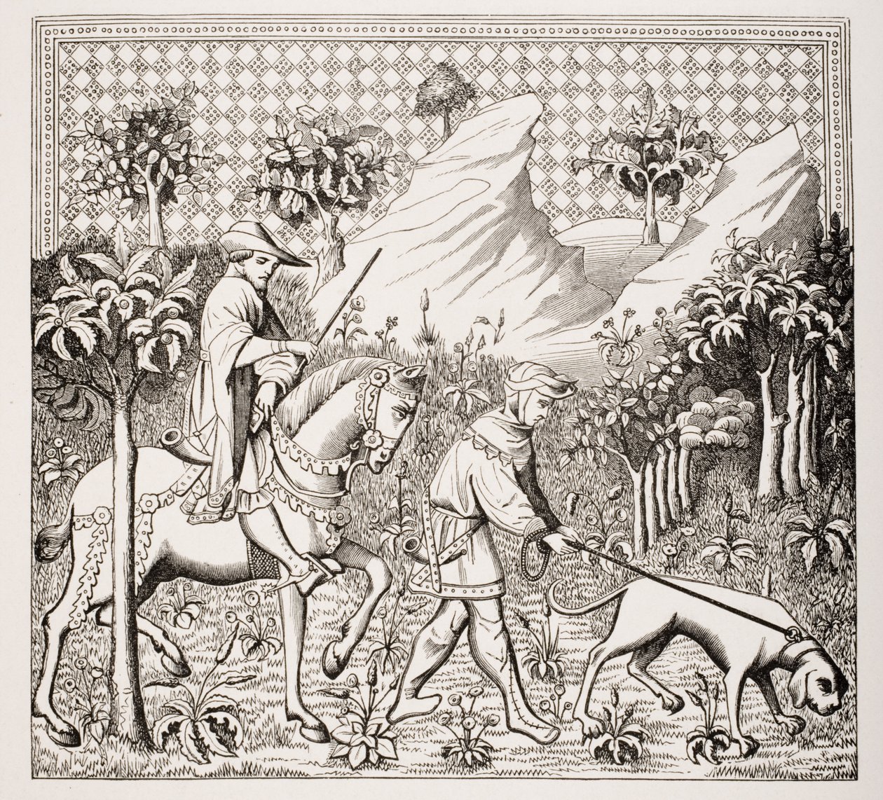 Metsästysasussa oleva aatelismies palvelijansa ja koiransa kanssa 1400-luvun pienoismallin jälkeen Gaston Phoebusin elokuvassa "Des Deduits de la Chasse des Bestes Sauvages" Paulin teoksesta "Le Moyen Age et La Renaissance" tekijältä French School