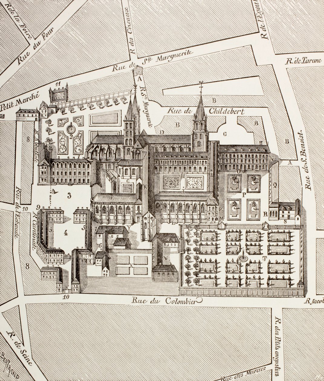 Pohjois-näkymä Pariisin St. Germain-des-Presin benediktiiniläisluostarista sellaisena kuin se oli olemassa 1600-luvulla, Paul Lacroix