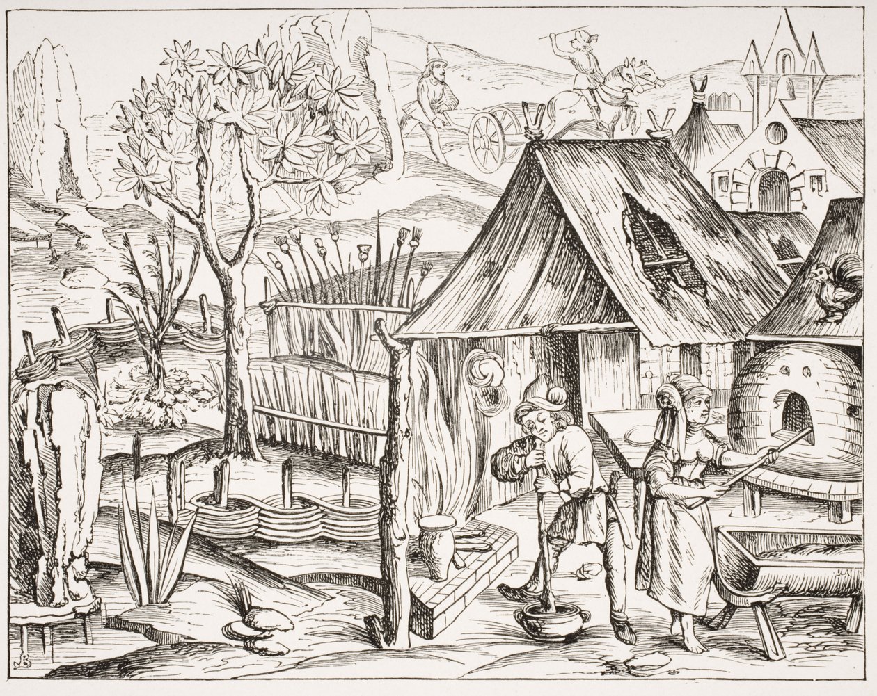 Viljaa viljelevät talonpojat ja valmistavat ohraa ja kauraleipää puupiirroksen jälkeen Vergiliusin Lyonissa vuonna 1517 julkaistusta painoksesta Paul Lacroix