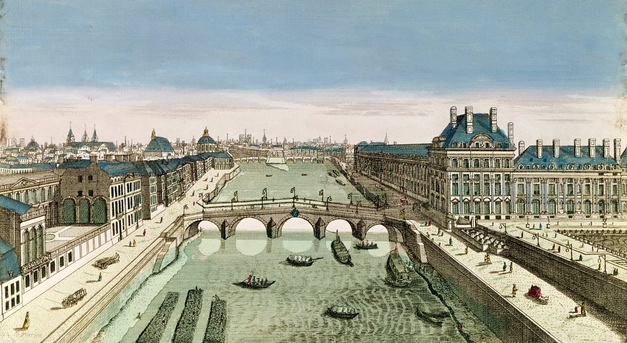 Perspektiivinäkymä Pariisiin Pont Royalilta (värillinen kaiverrus) tekijältä French School