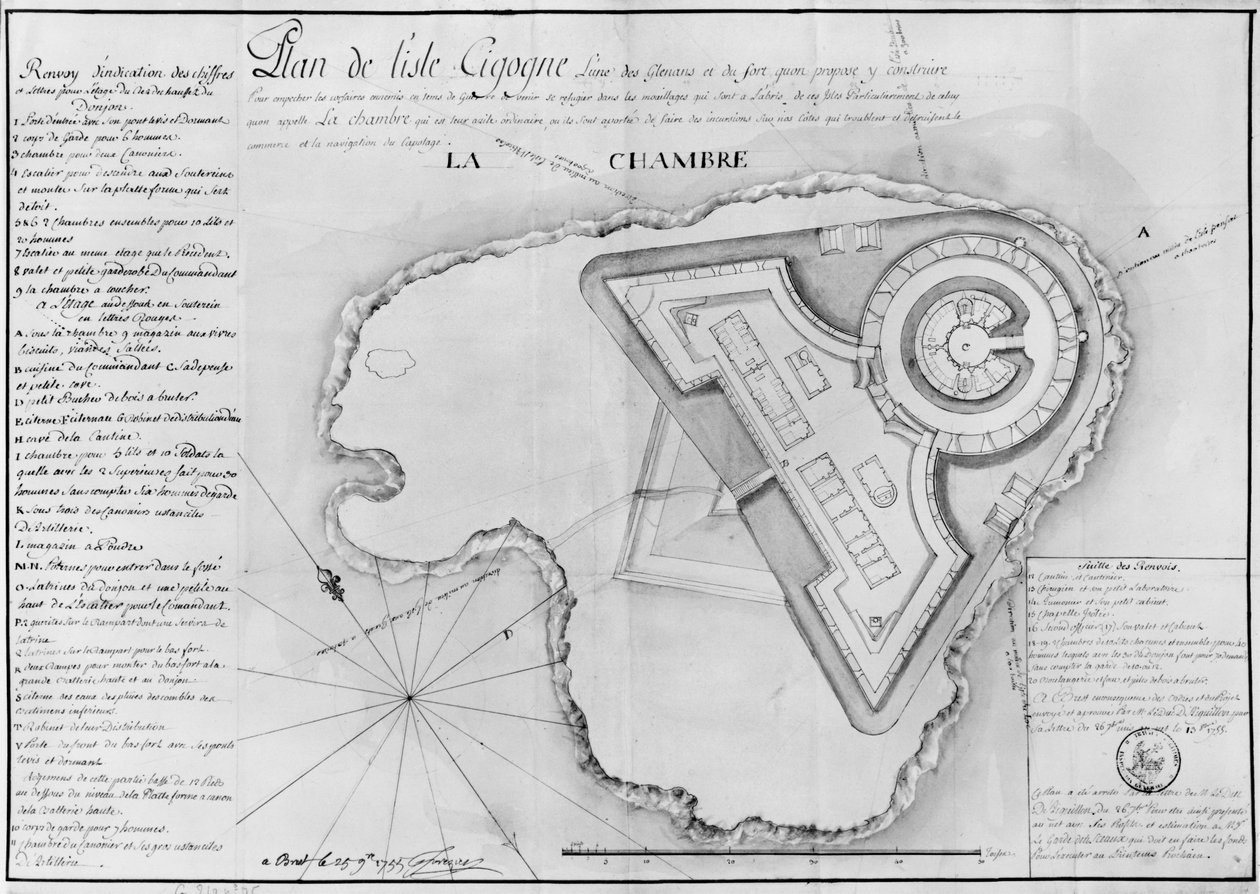 Ile Cigognen suunnitelma ja linnoitusprojekti, Archipel des Glenan, 1745 (kynä ja wc paperilla) tekijältä French School