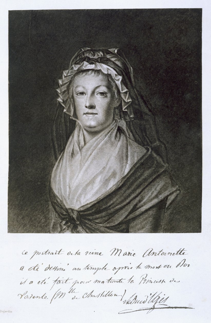 Muotokuva Marie Antoinettesta temppelivankilassa, kaiverrettu Dujardin, teoksesta "Souvenirs de la Revolution: Mes Parents", Charles, Duc de la Tremoille, julkaistu Pariisi, 1901 (heliogravure) tekijältä French School