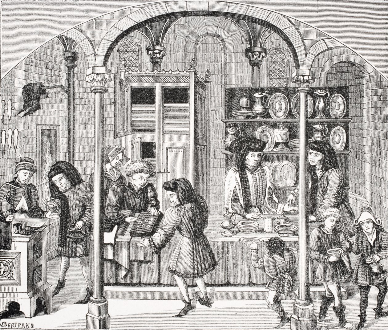 Kauppoja katetulla torilla, 1300-luvun Nicolas Oresmen (n. 1323–1382) Aristoteleen 