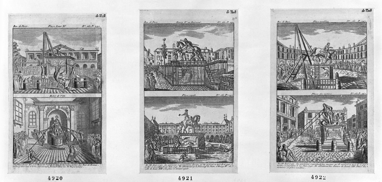Kuusi kuninkaallista patsasta tuhottiin Pariisissa 11. elokuuta 1792 (kaiverrus) tekijältä French School