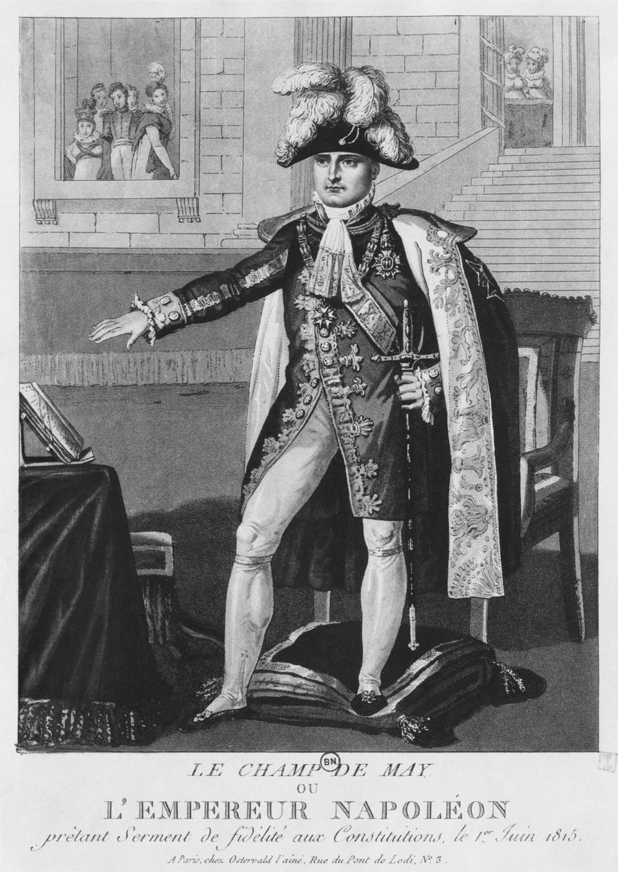 "Champ de Mai" eli keisari Napoleon I vannoi uskollisuutta perustuslaille 1. kesäkuuta 1815. Lisälaki 22. huhtikuuta 1815 Imperiumin perustuslakeihin (kaiverrus tekijältä French School