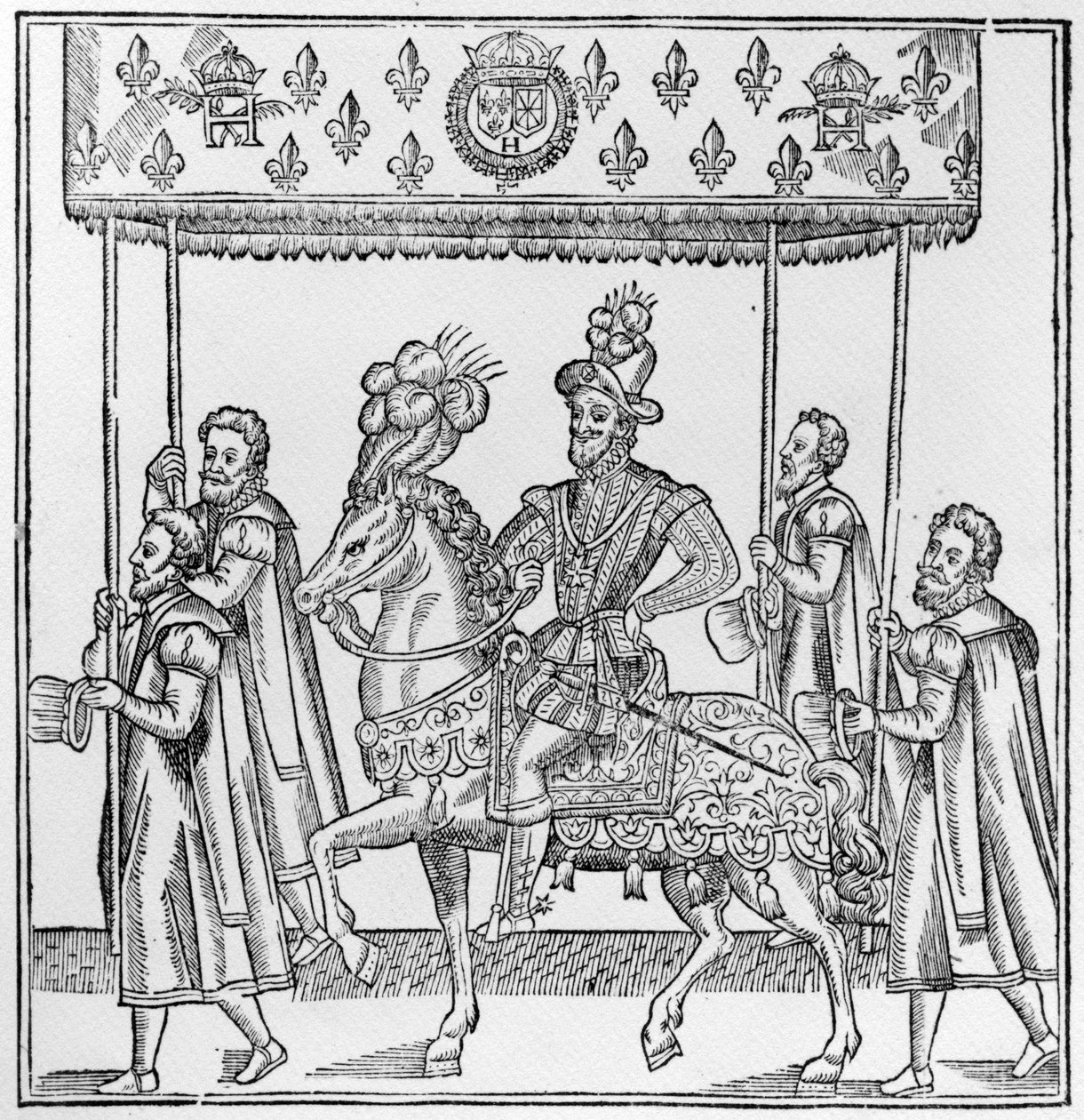Henri IV:n tulo Roueniin, 16. lokakuuta 1596, kuvitus teoksesta "Discours de la Ioyeuse et triomphante entree de Henry III faicte en sa ville de Rouën", julkaistu vuonna 1599 (puupiirros) tekijältä French School