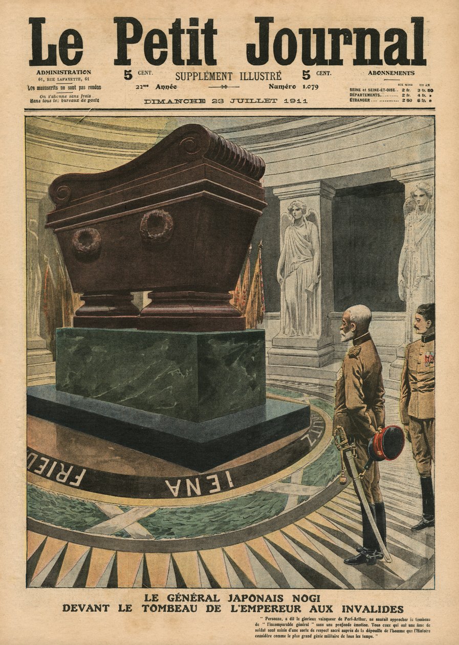 Japanilainen kenraali kreivi Maresuke Nogi ennen keisari Napoleon Bonaparten hautaa Les Invalidesissa, Pariisissa, kuva Le Petit Journalista, liite illustre, 23. heinäkuuta 1911 tekijältä French School