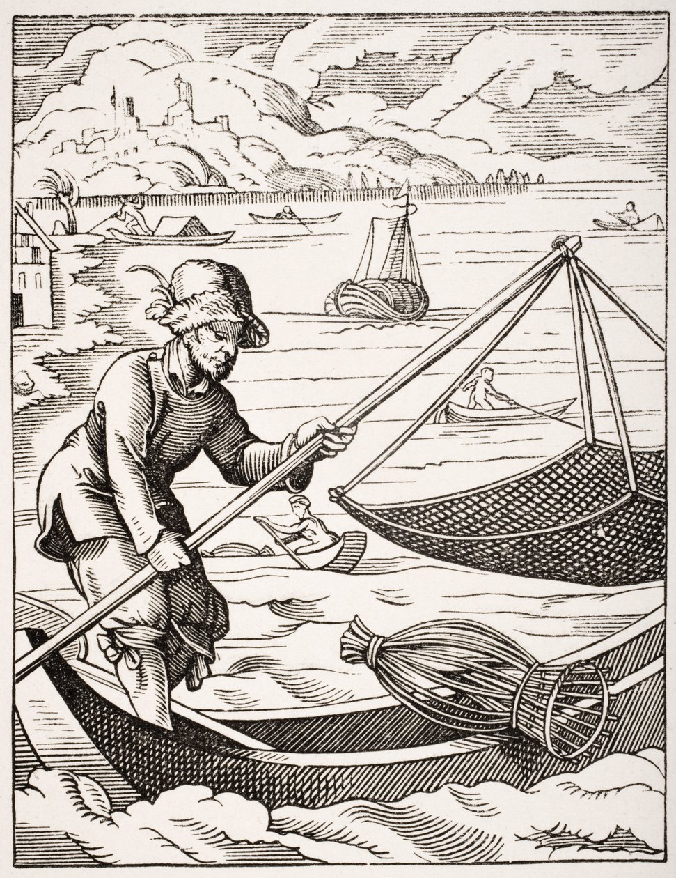 The River Fisherman, Jost Ammanin (1539–1591) piirtämän ja kaivertaman 1500-luvun kuvituksen jälkeen Paul Lacroixin (1806–84) teoksesta Le Moyen Age et La Renaissance, julkaistu 1847. tekijältä French School