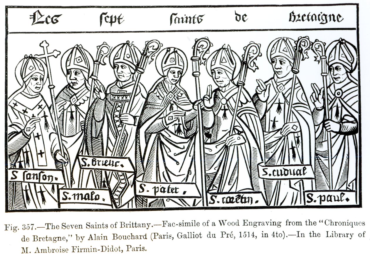 Bretagnen seitsemän pyhää, Alain Bouchardin kirjasta "Chroniques de Bretagne", 1514, kuvitus teoksesta "Tiede ja kirjallisuus keskiajalla ja renessanssilla", kirjoittanut ja kaivertanut Paul Lacroix, tekijältä French School