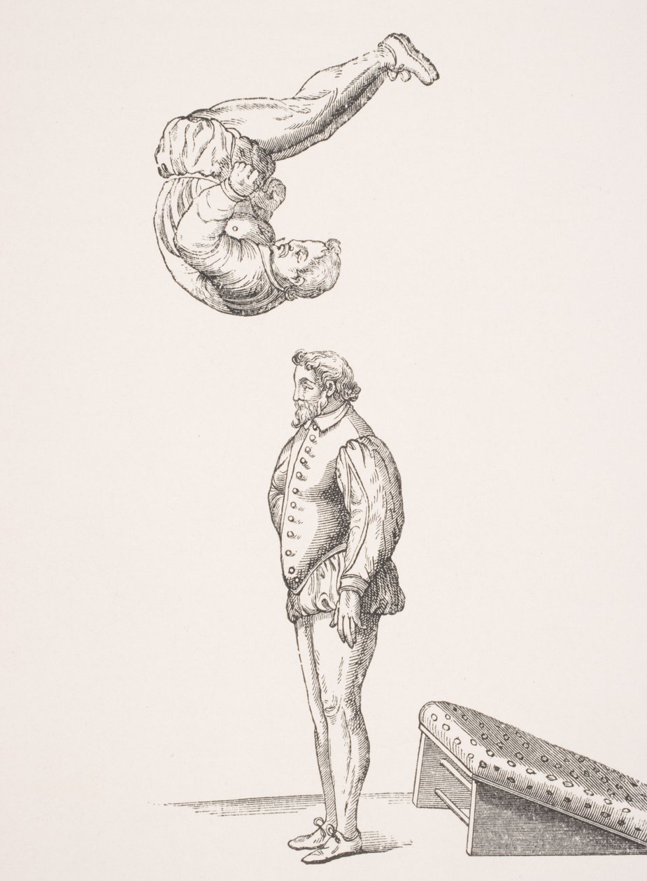 Spring Board, kuva A. Tuccaron vuonna 1599 julkaistusta "Harjoituksia hyppäämisestä ja hyppäämisestä" faksimilestä, Paul Lacroixin (1806-84) teoksesta "Le Moyen Age et La Renaissance", julkaistu 1847 tekijältä French School