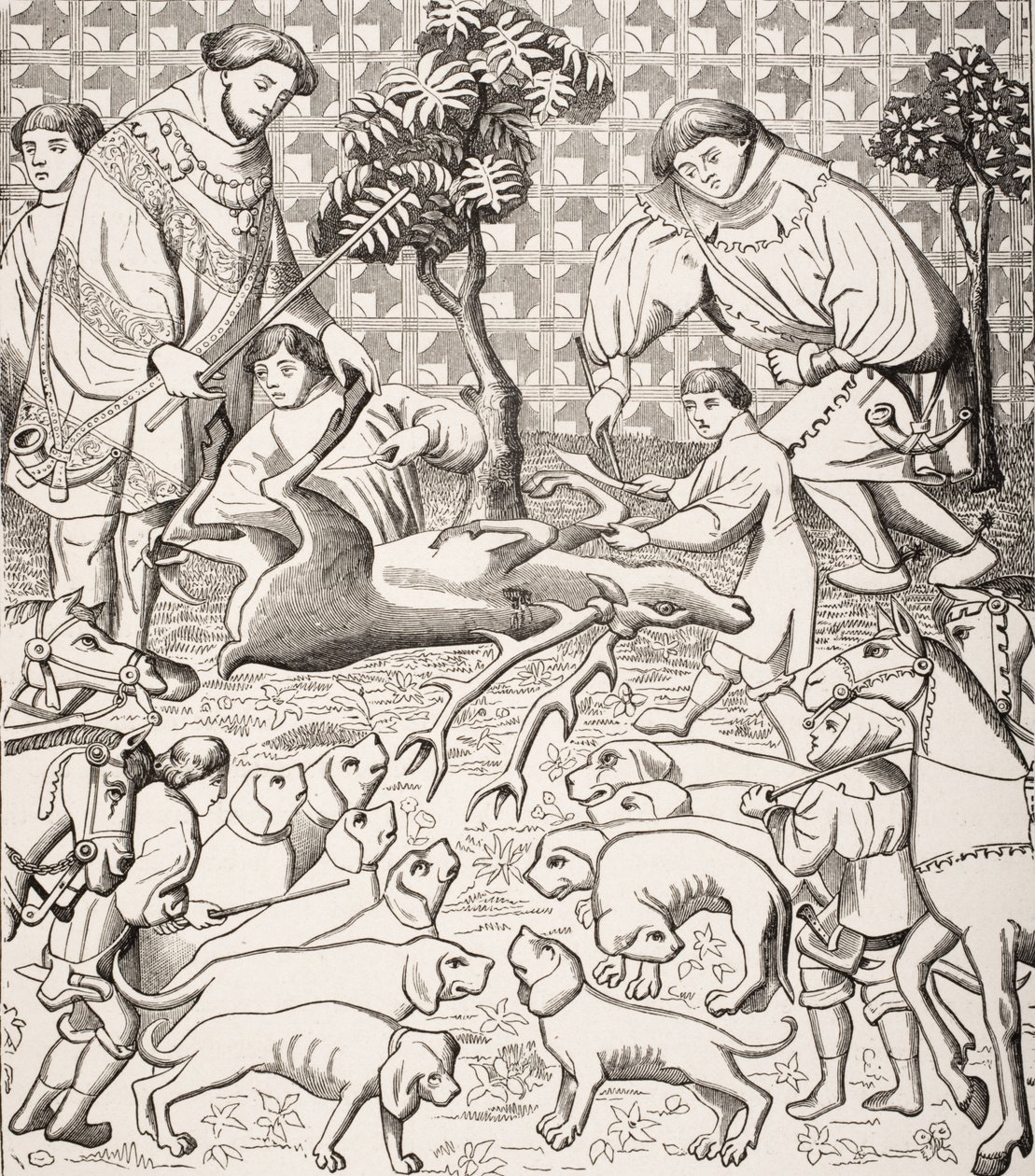 1400-luvun jälkeinen tapa iholla ja leikata polttare Gaston Phoebusin teoksessa "Des Deduits de la Chasse des Bestes Sauvages", Paul Lacroix
