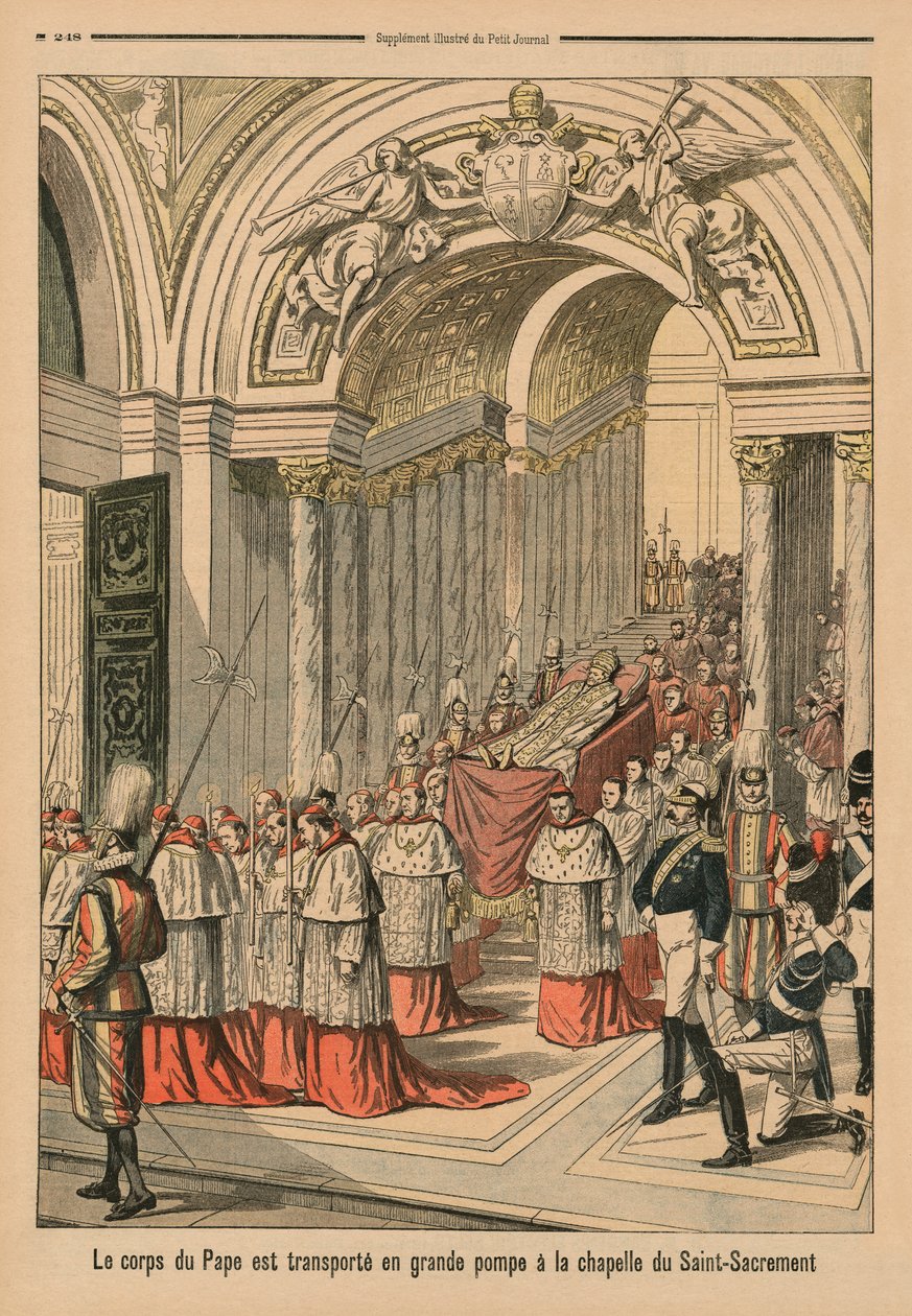 Paavi Leo XIII:n ruumis kuljetetaan suurella loistolla Siunatun Sakramentin kappeliin, takakannen kuva Le Petit Journalista, liite illustre, 2. elokuuta 1903 tekijältä French School