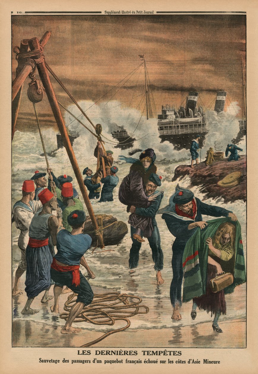 Viimeiset merimyrskyt, pelastamassa Vähä-Aasian rannikolla makaavan ranskalaisen laivan matkustajia, takakannen kuva Le Petit Journalista, liitekuva, 11. tammikuuta 1914 tekijältä French School