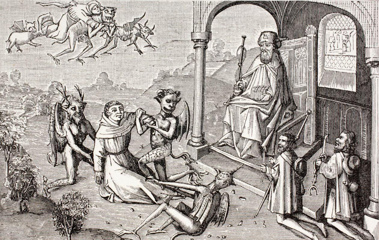 Taikuri Armogenes käskee paholaisia tuomaan hänelle apostoli Pyhän Jaakobin Paul Lacroixin teoksesta Military and Religious Life in the Middle Ages, Lontoo noin 1880. tekijältä French School