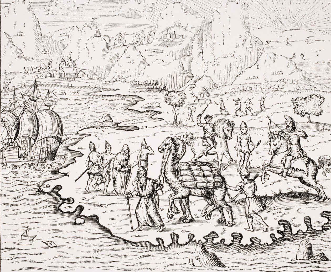 Tavaroiden kuljetus kamelien selässä, kopio Andre Thevetin vuonna 1575 julkaisemasta La Cosmographie Universelle -teoksesta Paul Lacroix