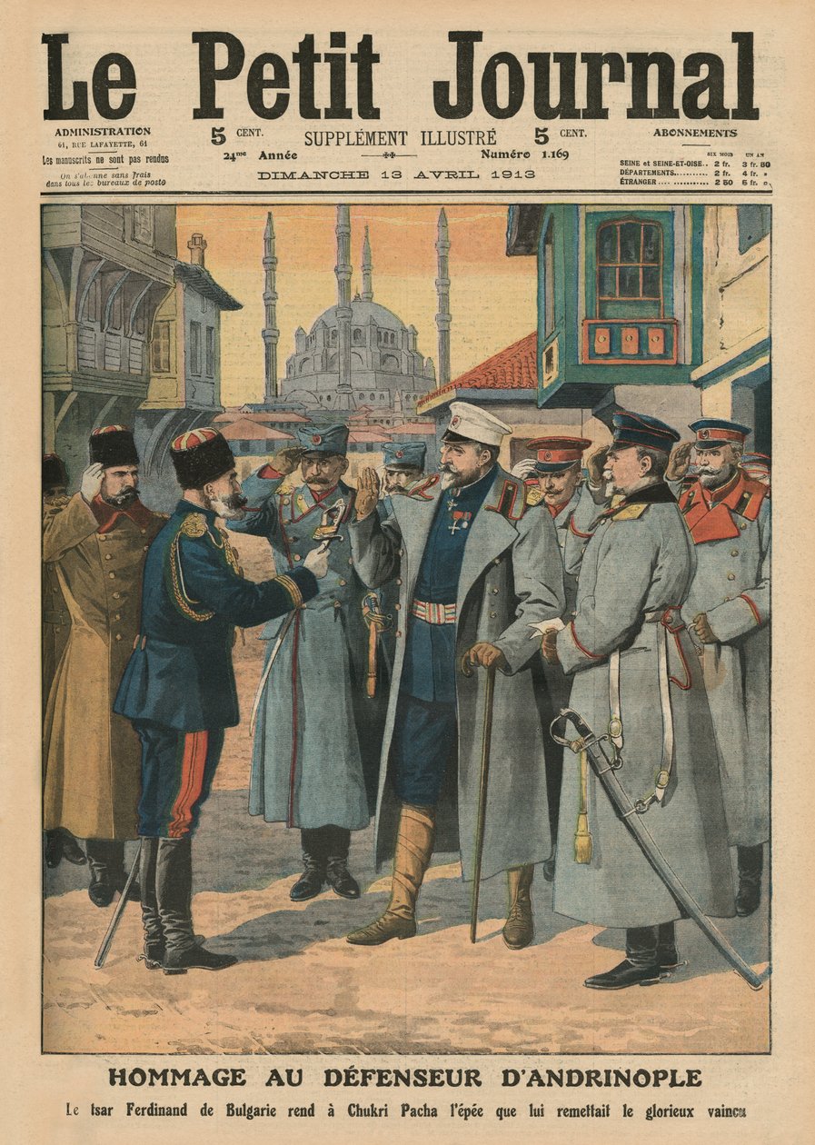 Kunnianosoitus Andrianopolin puolustajalle, Bulgarian tsaari Ferdinand I antaa Shukri Pashalle takaisin kunniakkaasti kukistetun miekan, etukannen kuvitus lehdestä 