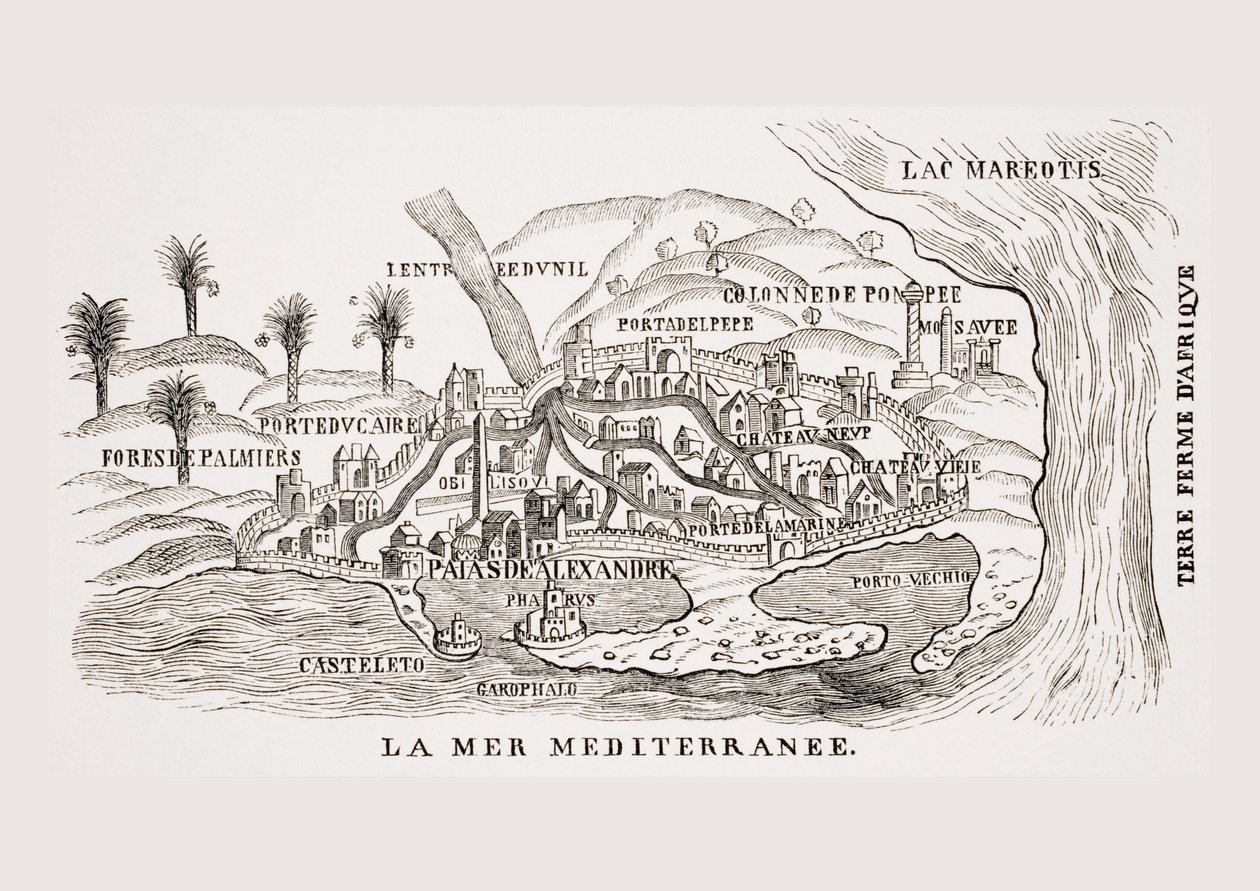 Näkymä Aleksandriasta Egyptistä P. Belonin "Observations de Plusieurs Singularitez" -kirjassa, Pariisissa, 1588 julkaistun puupiirros, Paul Lacroix