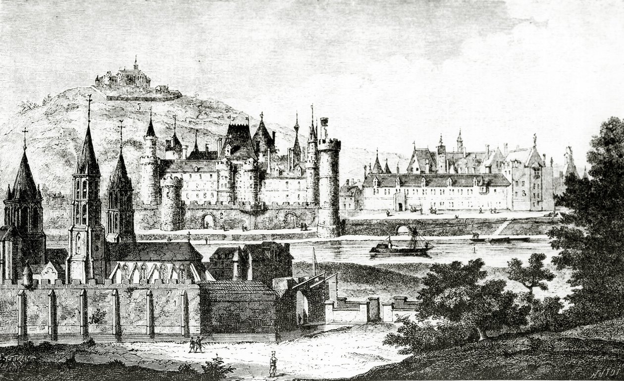 Näkymä Saint-Germain-des-Presistä ja pre-aux-Clercsistä Kaarle V:n hallituskaudella, Dom Bouillartin vuonna 1724 julkaistusta "St.Germain des Presin historiasta", kuvitus artikkelista "Science and Liter" tekijältä French School