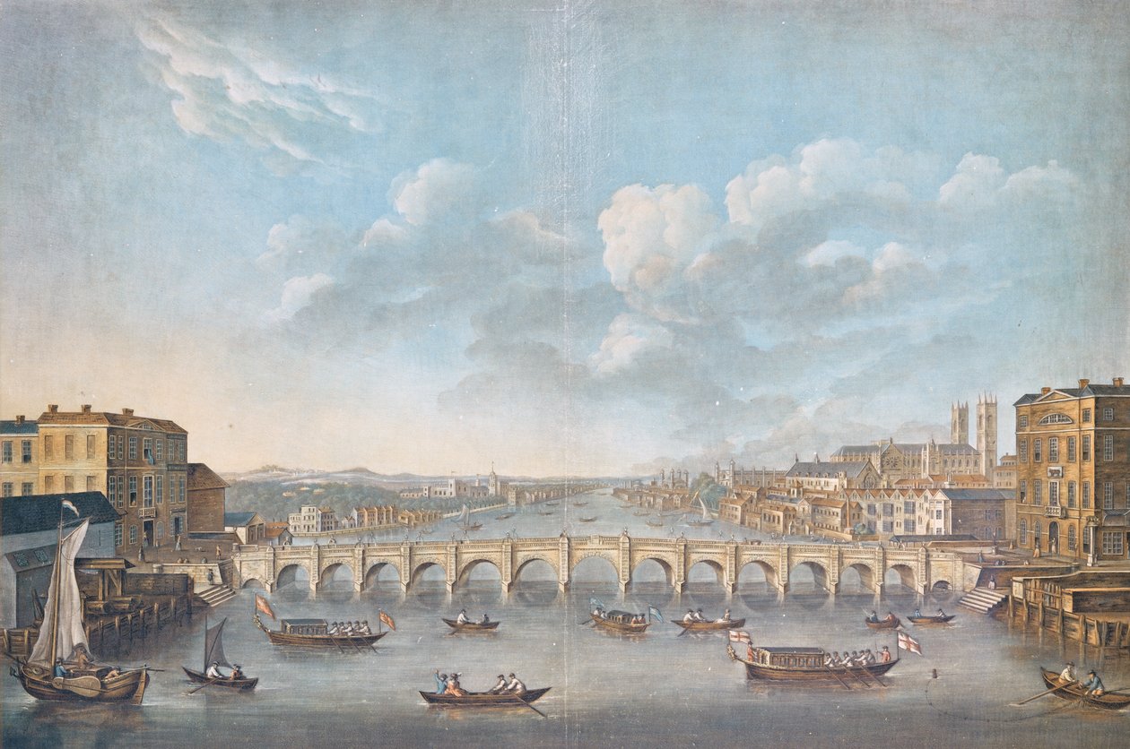 Näkymä Westminster Bridgelle, kaiverrus Pierre Michel Alix (1762-1817), 1799 (värikaiverrus) tekijältä French School