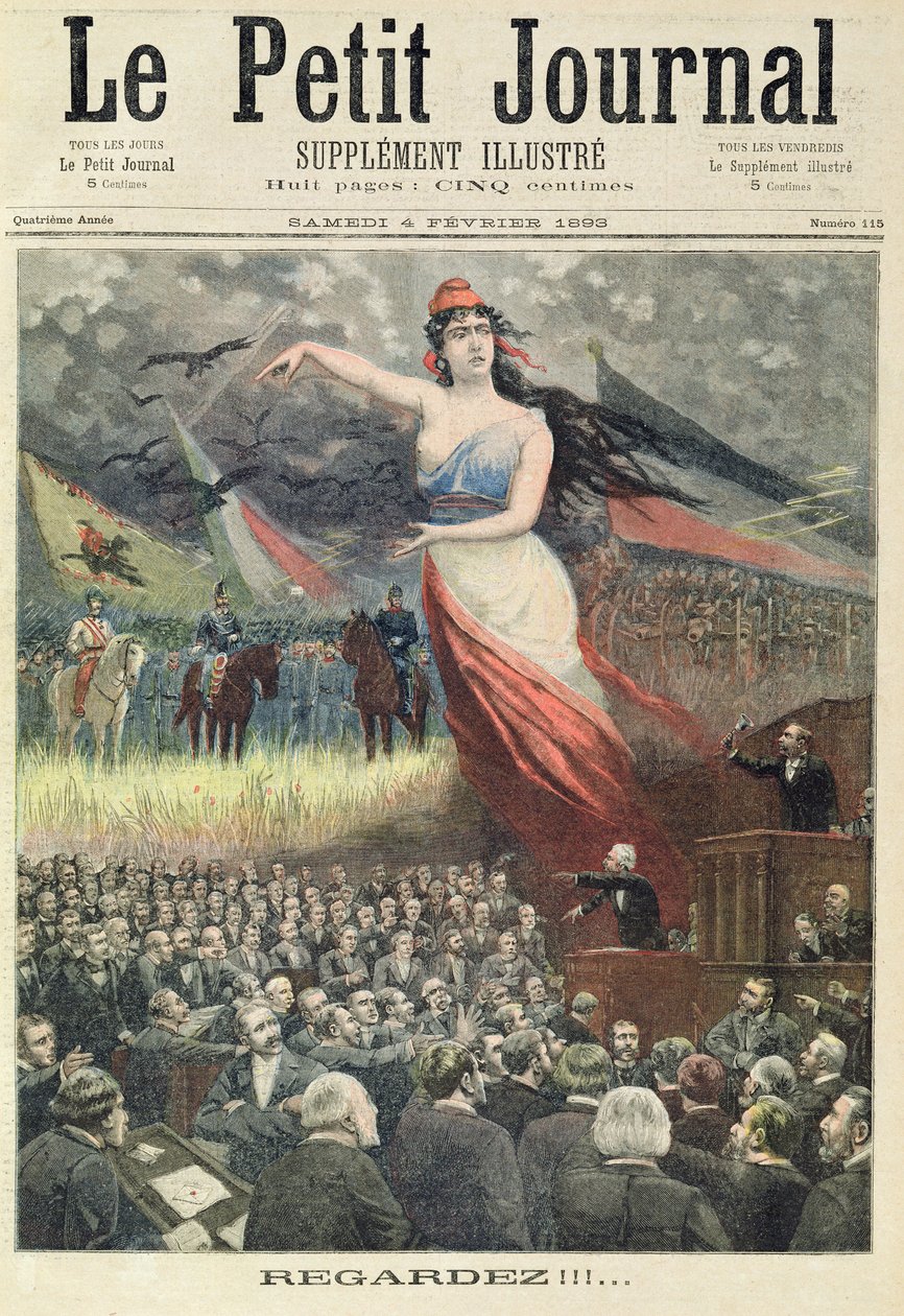 Samaan aikaan kun parlamentti on sekasorron vallassa, Ranskan viholliset valmistautuvat Le Petit Journalin kuvitetun liitteen etusivulta 4. helmikuuta 1893 (värilitho) tekijältä French School