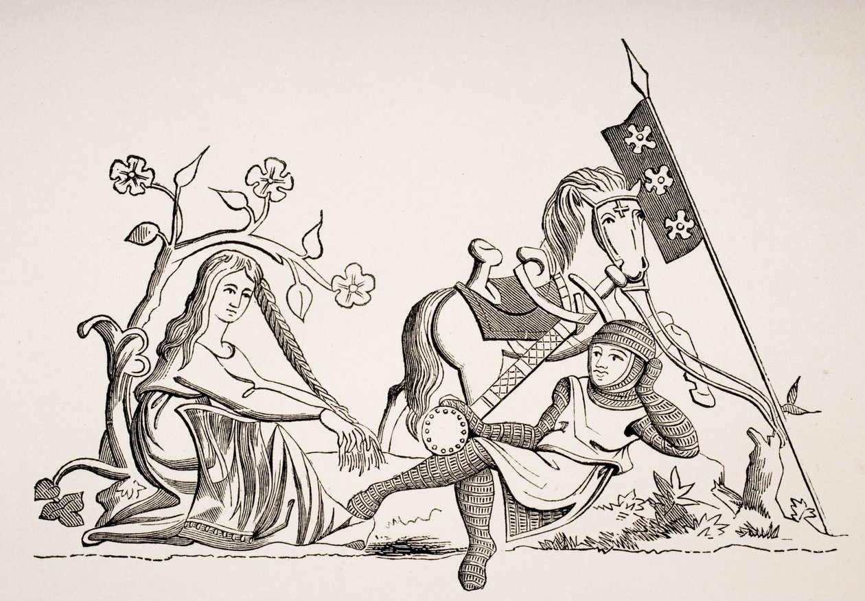 Nainen ritarikunnan turvassa 1400-luvun lopun pienoismallin jälkeen latinalaisessa psalmikirjassa Paul Lacroixin (1806-84) teoksesta "Le Moyen Age et La Renaissance", julkaistu 1847 tekijältä French School