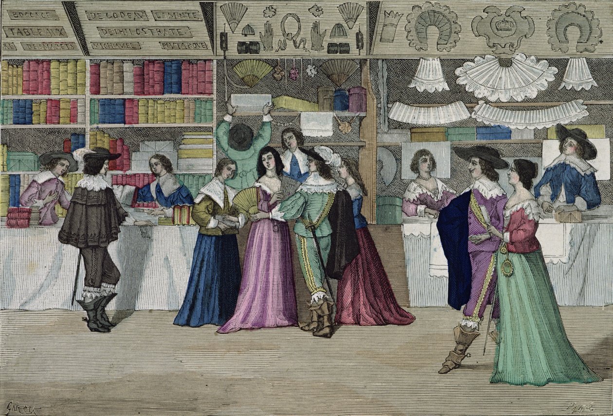 Kaupat Palais de Justice -galleriassa Ludvig XIII:n (1601-43) aikana julkaisusta "Costumes de Paris a Travers les Siecles", toim. Roy, julkaistu 1887 (värikaiverrus) tekijältä Garcia