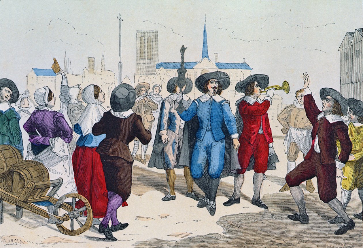 Viininmyyjät kulkivat kaduilla Ludvig XIII:n (1601-43) aikana, ennen kuin heidän johtajansa kantoi hopeakuppia, "Costumes de Paris a Travers les Siecles" toim. Roy, julkaistu 188 tekijältä Garcia