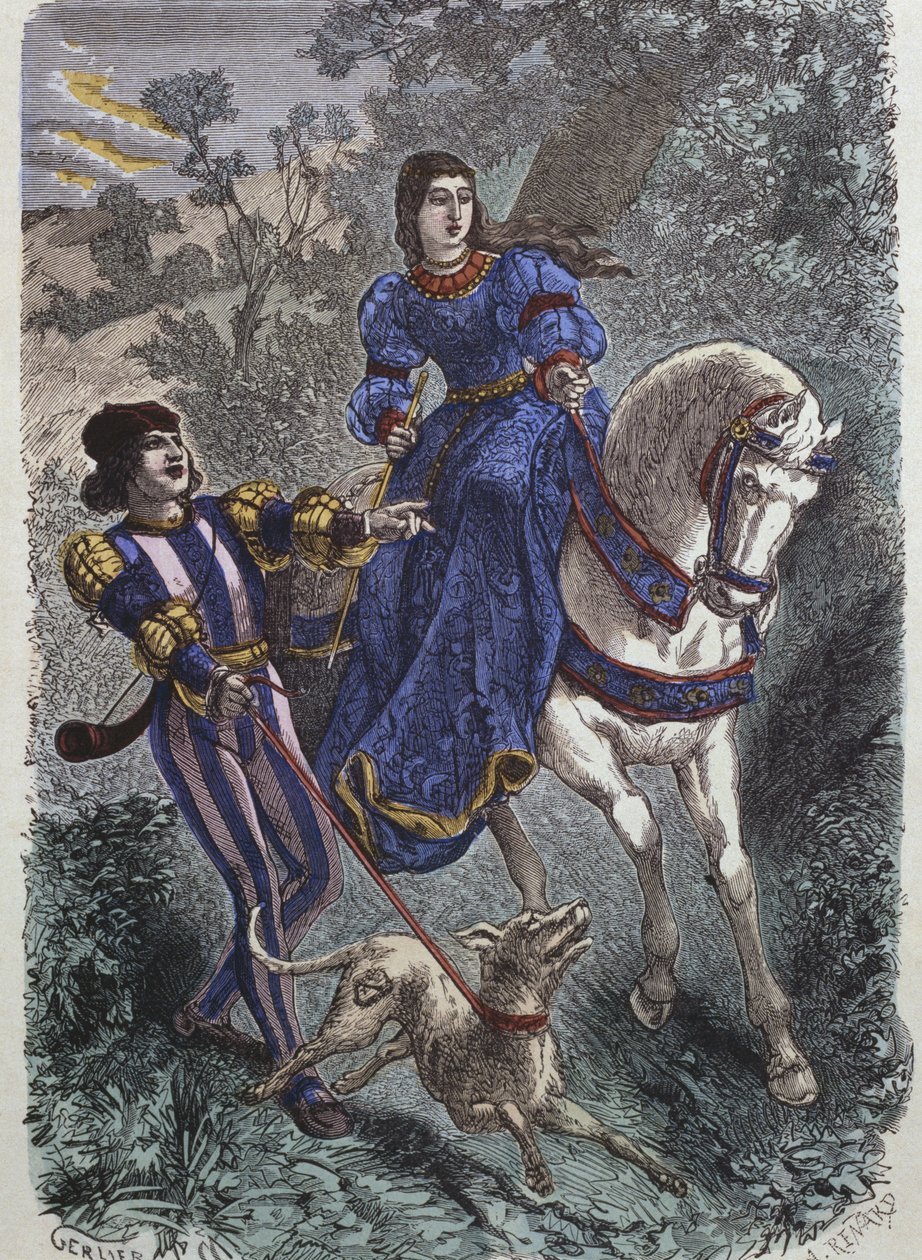 Metsästysasut 1400-luvulla, nuori ratsastava nainen squirrelineen, kuvitus H. Gourdon de Genouillacin teoksesta Costumes de Paris a travers les siecles, kaiverrus A. Renard (1800-luku) tekijältä Gerlier